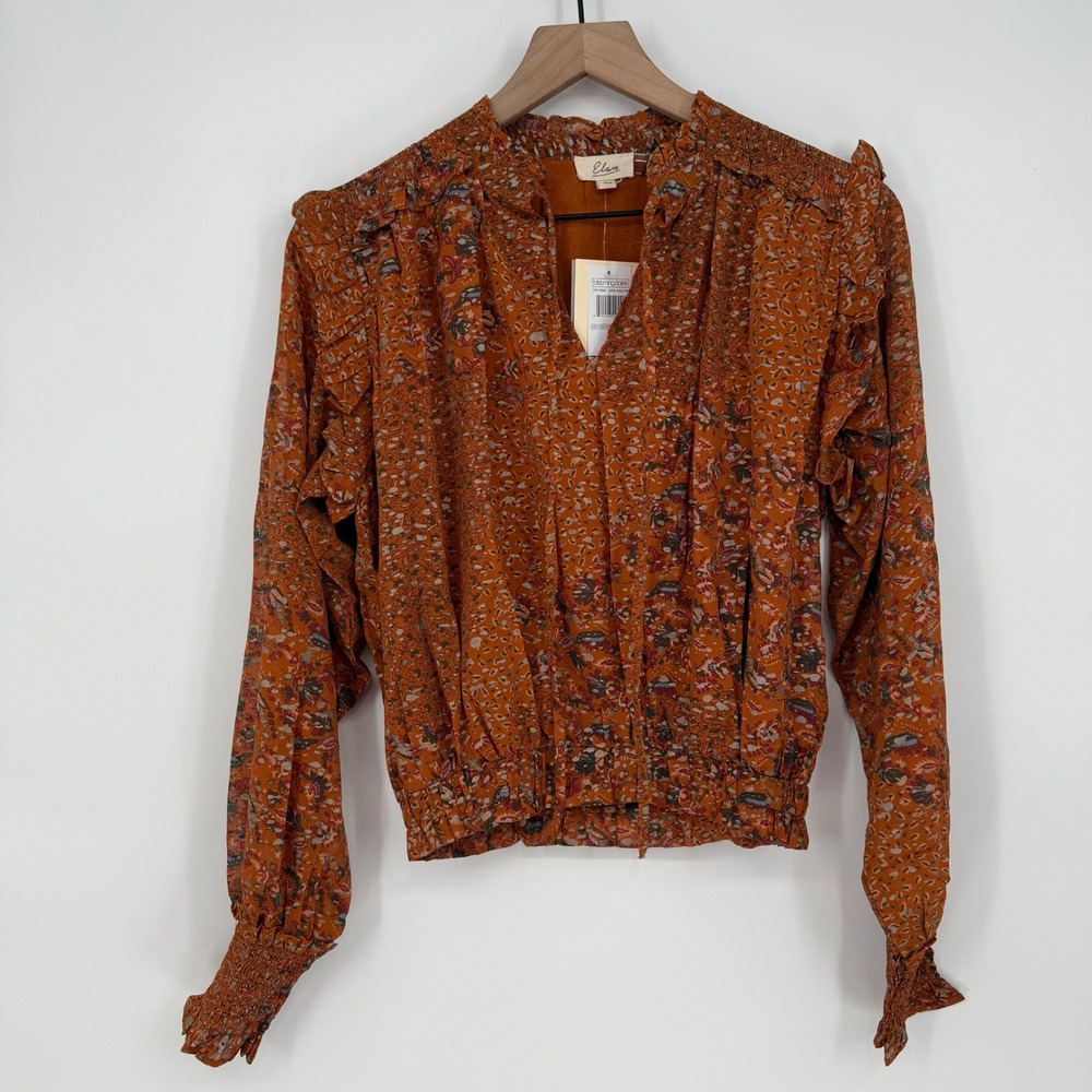 Elan‎ Blouse XS Copper Paisley Print Long Sleeve Smocked Bloomingdales